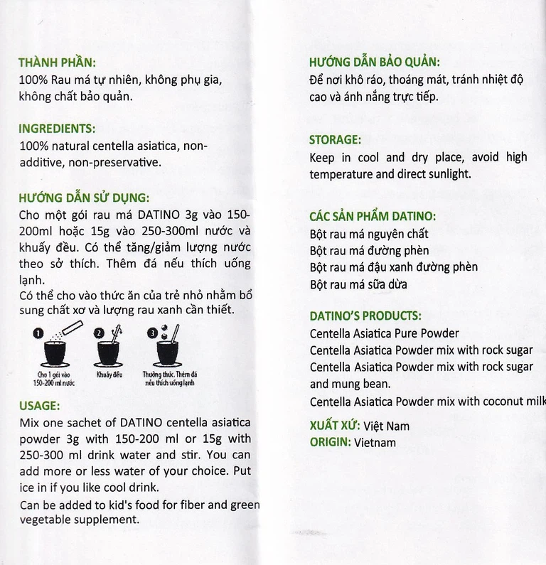 Bột Rau Má Đậu Xanh Đường Phèn Datino (15g x 10 gói)
