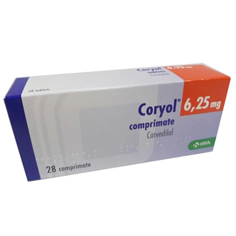 Thuốc Coryol 6.25mg Krka điều trị tăng huyết áp, suy tim sung huyết, đau thắt ngực (4 vỉ x 7 viên)