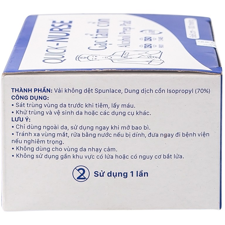 Gạc tẩm cồn 6cm x 6cm Quick - Nurse sát trùng da, khử trùng dụng cụ (100 miếng)