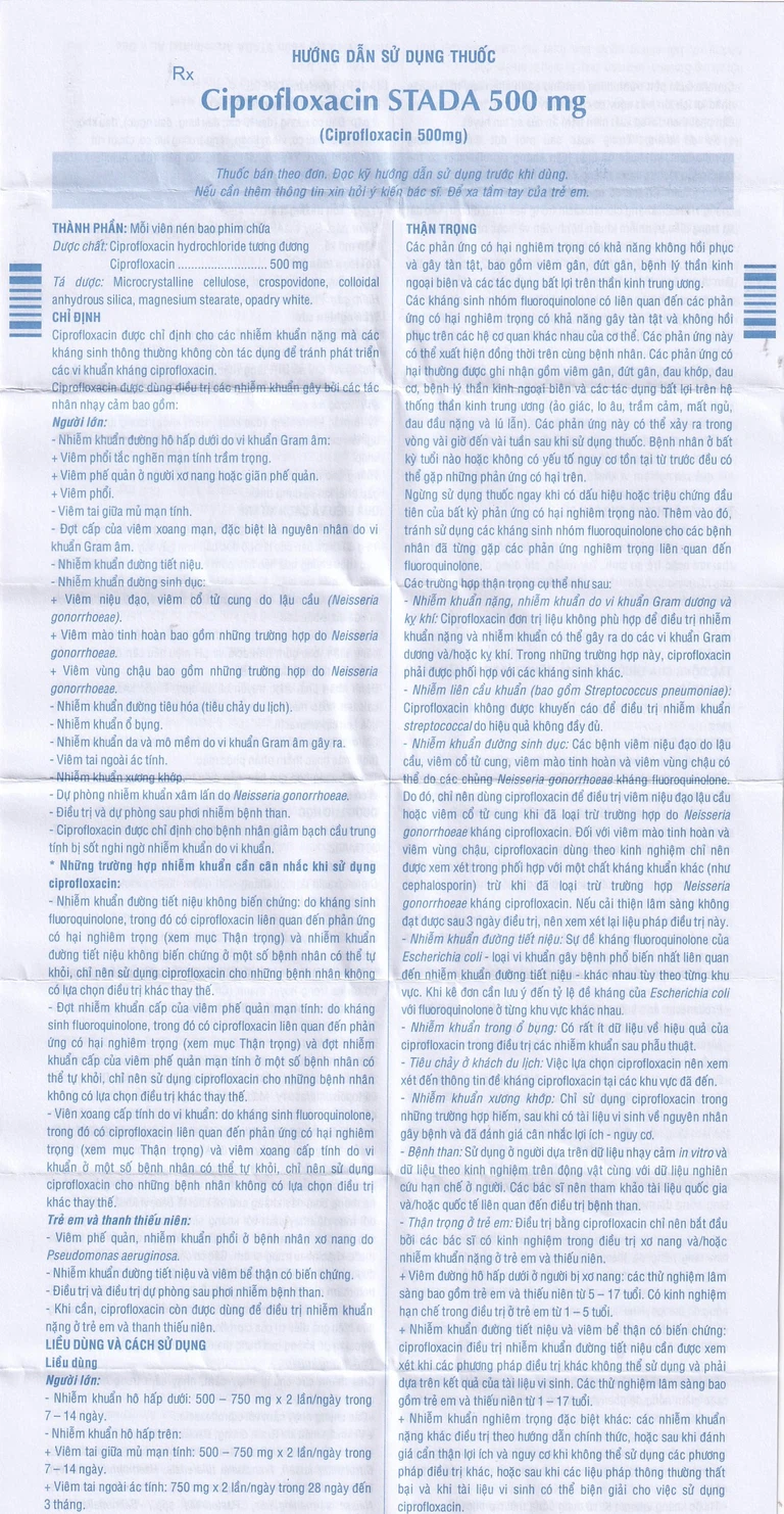 Thuốc Ciprofloxacin Stada 500mg điều trị trong các trường hợp nhiễm khuẩn (10 vỉ x 10 viên)