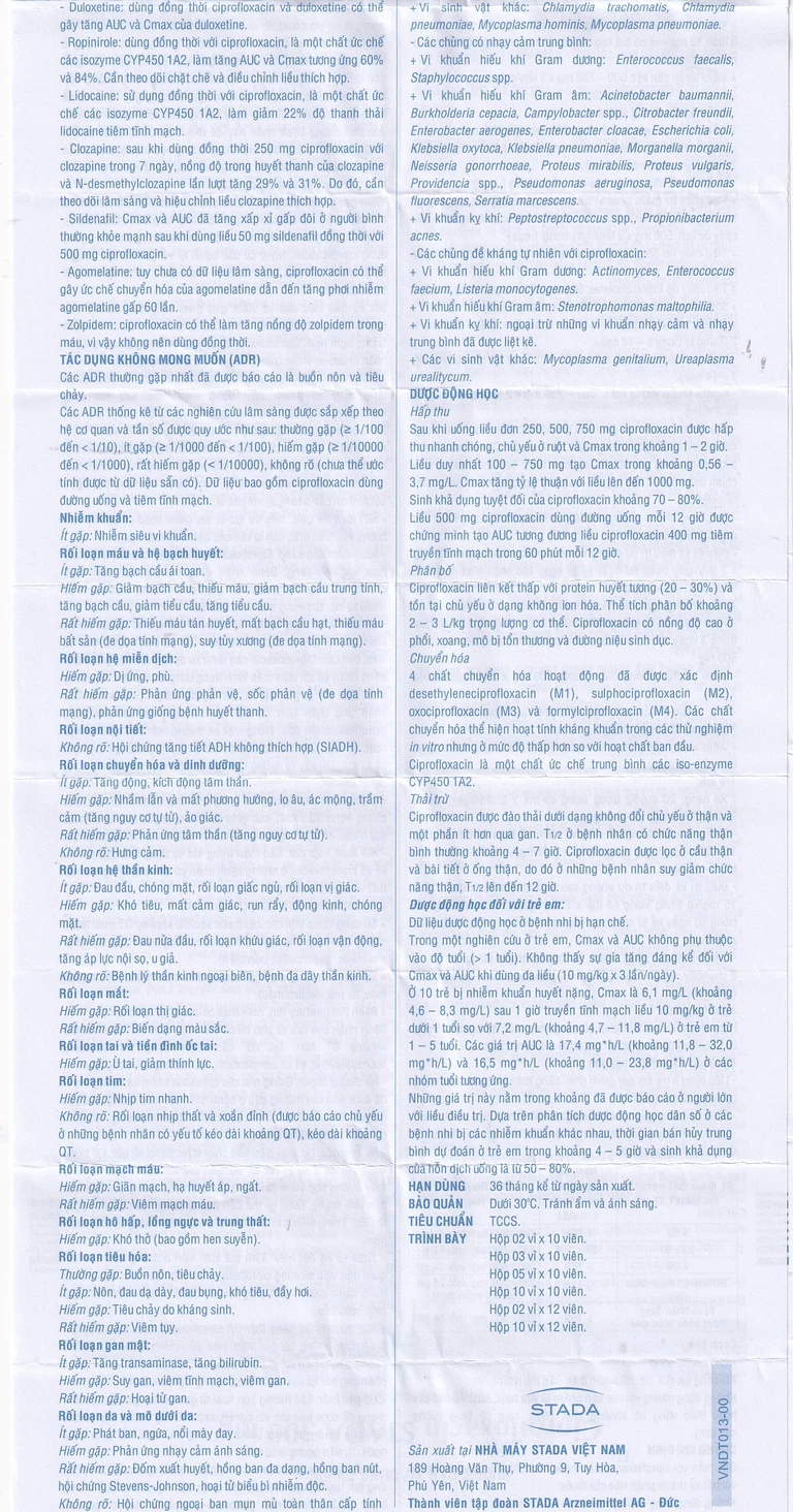 Thuốc Ciprofloxacin Stada 500mg điều trị trong các trường hợp nhiễm khuẩn (10 vỉ x 10 viên)