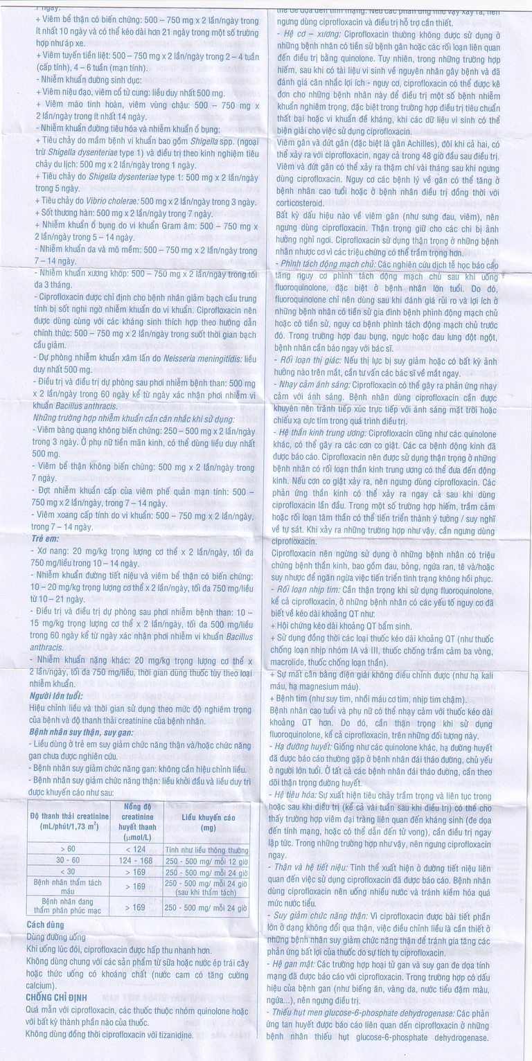 Thuốc Ciprofloxacin Stada 500mg điều trị trong các trường hợp nhiễm khuẩn (10 vỉ x 10 viên)