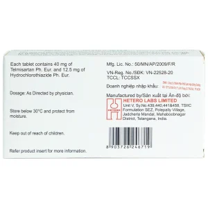 Thuốc Telsar-H 40/12.5 Hetero điều trị tăng huyết áp (3 vỉ x 10 viên)