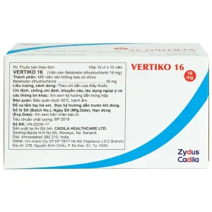Thuốc Vertiko 16 Cadila điều trị chóng mặt, suy giảm thính giác (10 vỉ x 10 viên)