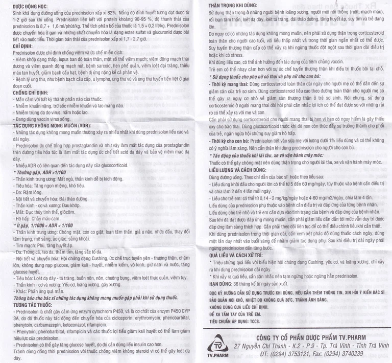 Thuốc Prednisolone 5mg TV.Pharm chống viêm, chống dị ứng và ức chế miễn dịch (10 vỉ x 20 viên)