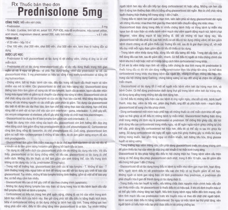 Thuốc Prednisolone 5mg TV.Pharm chống viêm, chống dị ứng và ức chế miễn dịch (10 vỉ x 20 viên)