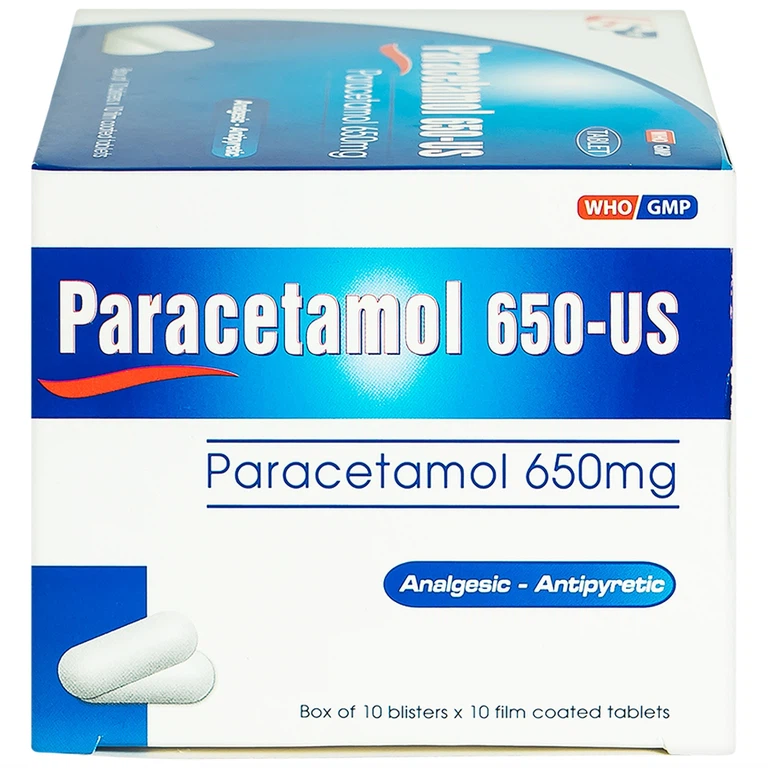 Viên nén Paracetamol 650-US giảm đau, hạ sốt, giảm chứng nhức đầu, đau răng (10 vỉ x 10 viên)