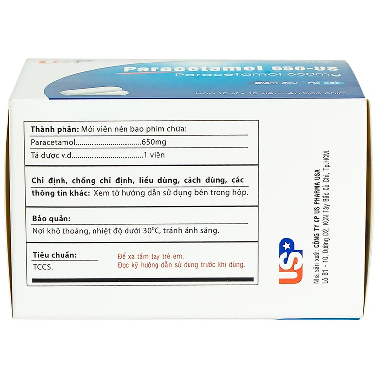 Viên nén Paracetamol 650-US giảm đau, hạ sốt, giảm chứng nhức đầu, đau răng (10 vỉ x 10 viên)