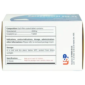 Viên nén Paracetamol 650-US giảm đau, hạ sốt, giảm chứng nhức đầu, đau răng (10 vỉ x 10 viên)