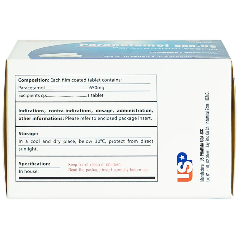 Viên nén Paracetamol 650-US giảm đau, hạ sốt, giảm chứng nhức đầu, đau răng (10 vỉ x 10 viên)