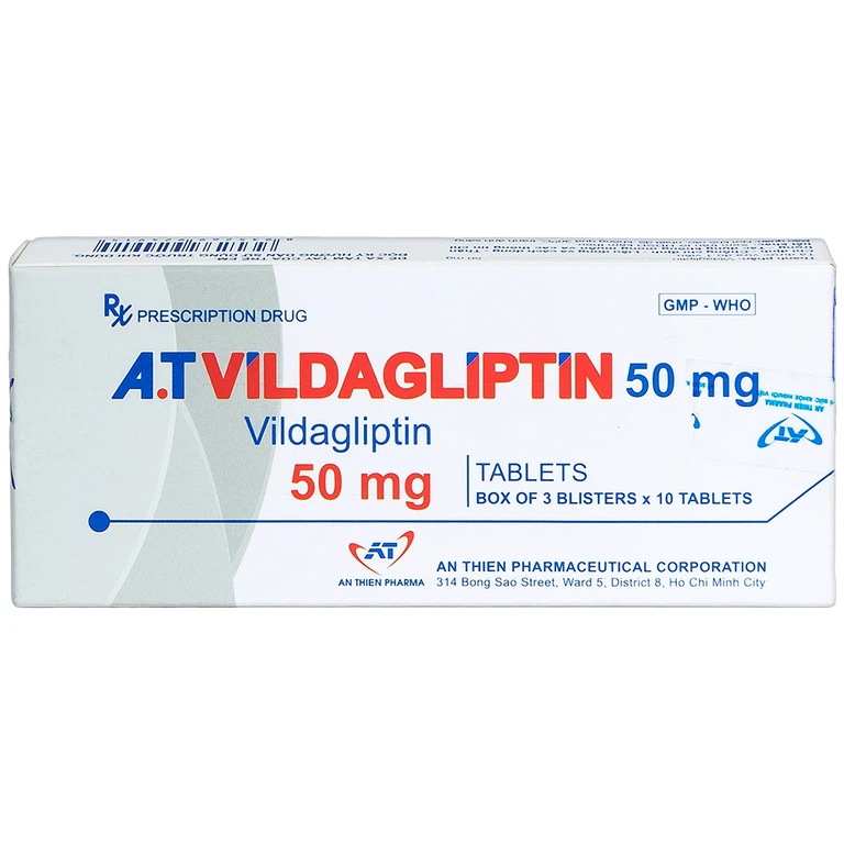 Thuốc A.T Vildagliptin 50mg An Thiên điều trị đái tháo đường típ 2 (3 vỉ x 10 viên)