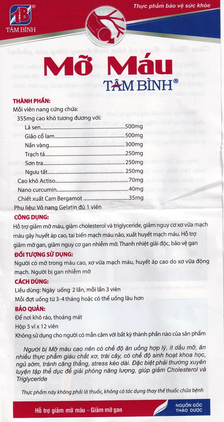 Viên uống Mỡ Máu Tâm Bình hỗ trợ giảm mỡ máu, giảm mỡ gan (5 vỉ x 12 viên)
