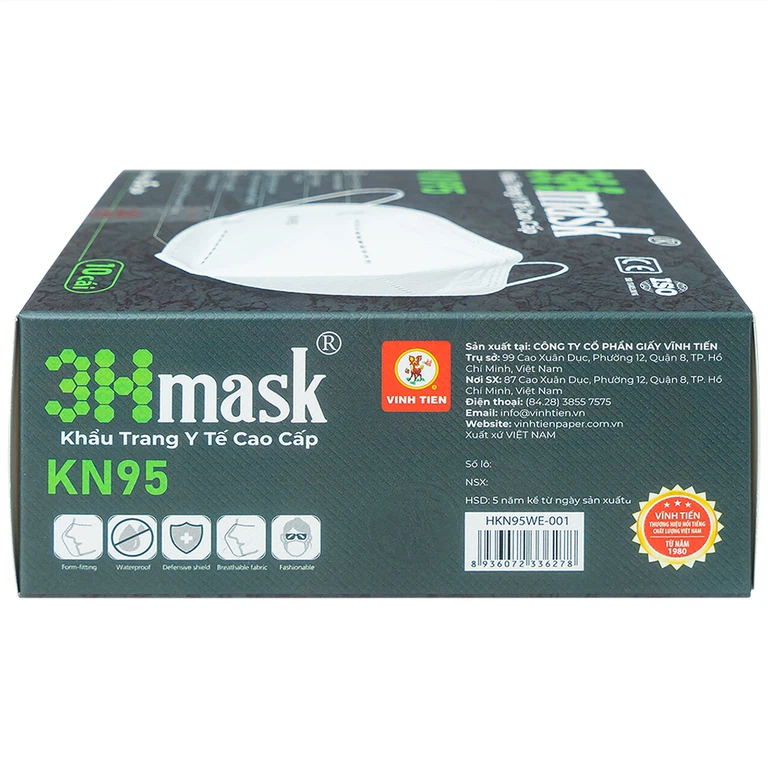 Khẩu trang y tế cao cấp 3Hmask KN95 Vĩnh Tiến màu trắng hỗ trợ ngăn khói, bụi, kháng khuẩn (10 cái)