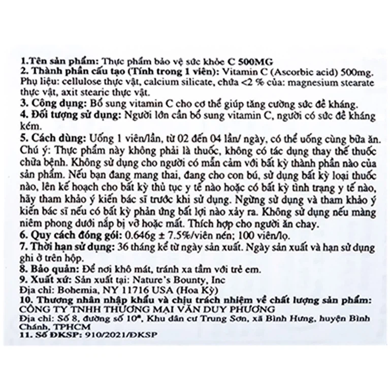Viên uống C 500mg Nature's Bounty bổ sung vitamin C, tăng cường sức đề kháng (100 viên)