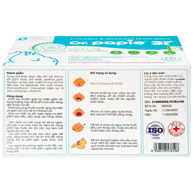 Khăn hạ sốt Dr.Papie 3M0+ hỗ trợ hạ nhiệt giảm sốt (5 túi x 5 khăn)