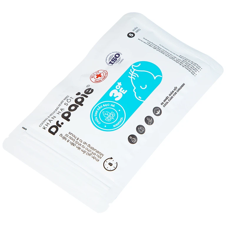 Khăn hạ sốt Dr.Papie 3M0+ hỗ trợ hạ nhiệt giảm sốt (5 túi x 5 khăn)