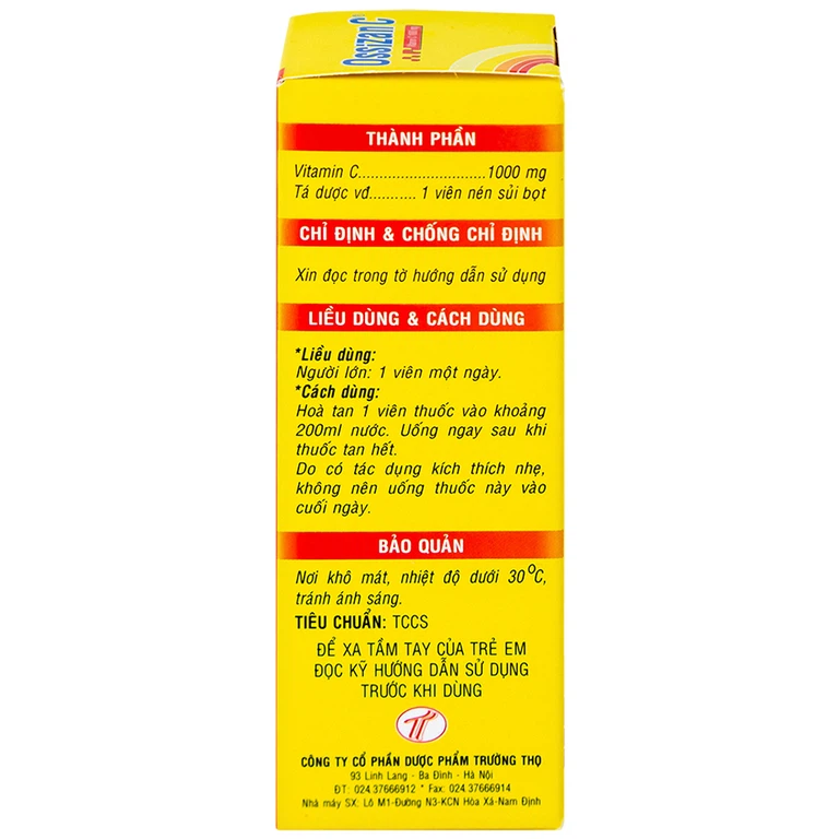 Viên sủi Ossizan C 1000mg Trường Thọ điều trị thiếu hụt vitamin C (10 viên)