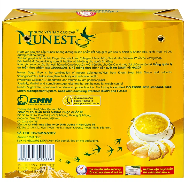 Nước Yến Sào cao cấp Nunest 15% không đường, giúp bồi bổ cơ thể, tăng cường sức khỏe (6 hũ x 70ml)