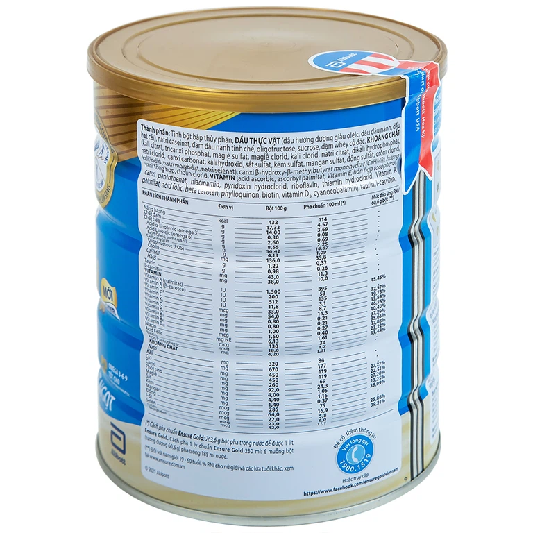 Sữa Abbott Ensure Gold hương vani ít ngọt bổ sung dinh dưỡng đầy đủ, vitamin (850g)