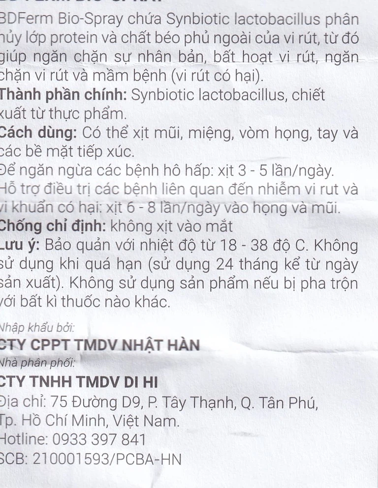 Men vi sinh kháng khuẩn dạng xịt BDFerm Bio - Spray 30ml ngăn ngừa các bệnh hô hấp