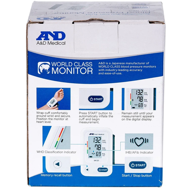 Máy đo huyết áp cổ tay tự động AND UB-525 hỗ trợ đo huyết áp và nhịp tim
