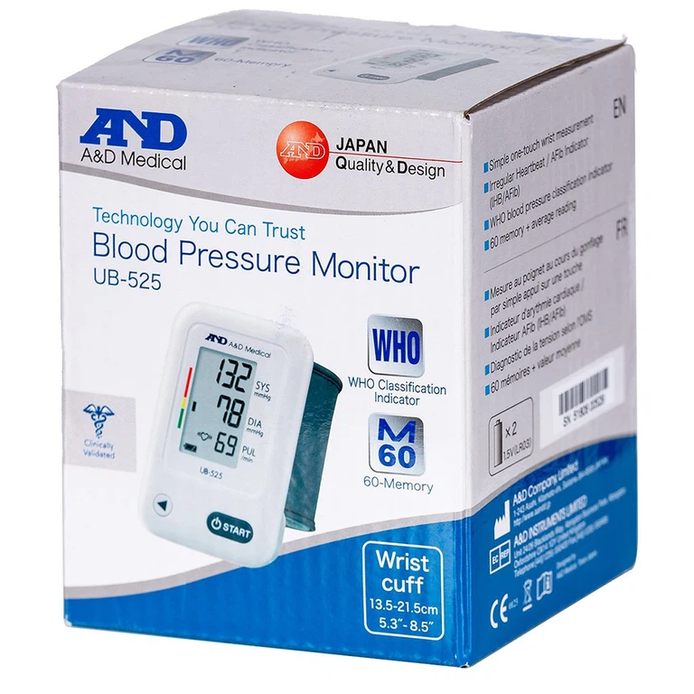 Máy đo huyết áp cổ tay tự động AND UB-525 hỗ trợ đo huyết áp và nhịp tim