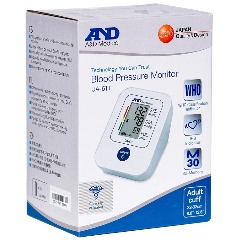 Máy đo huyết áp bắp tay tự động AND UA-611 hỗ trợ đo huyết áp và nhịp tim