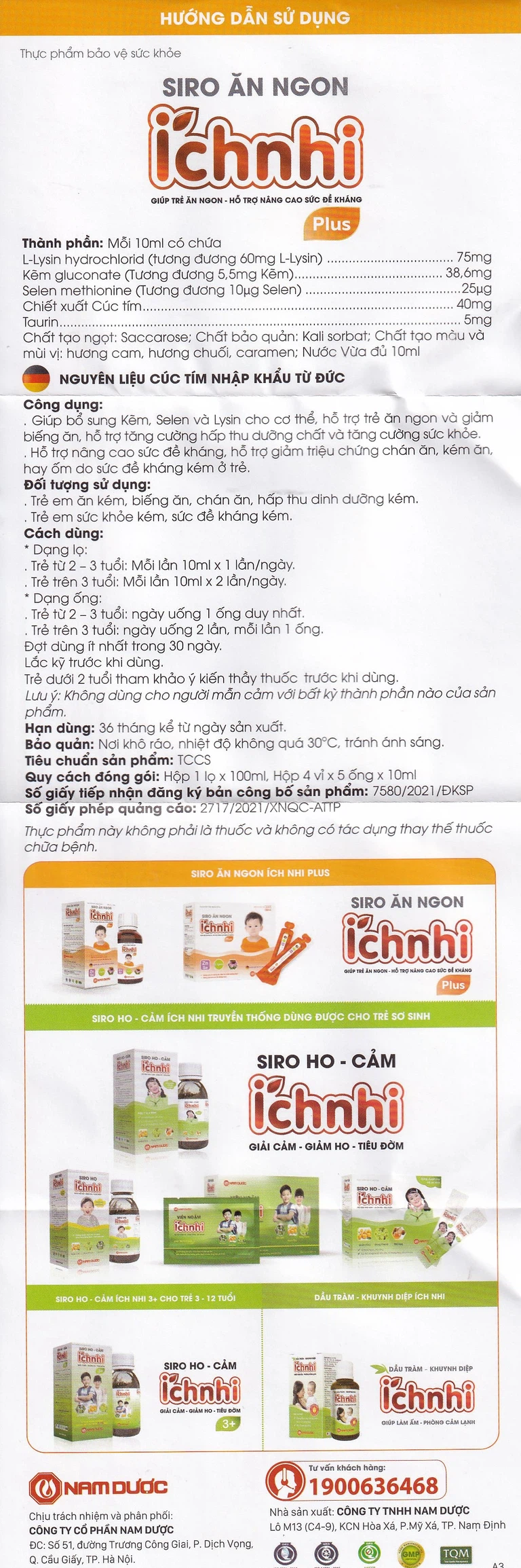 Siro Ích Nhi Plus Nam Dược bổ sung kẽm, seien và lysin giúp trẻ ăn ngon (100ml)