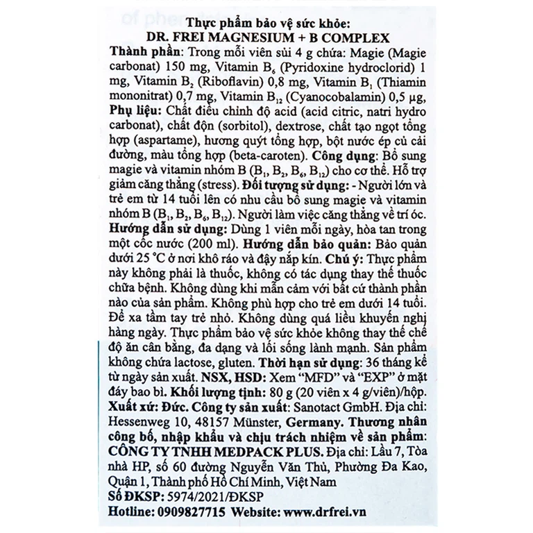 Viên sủi Magnesium + B Complex Dr. Frei hỗ trợ giảm căng thẳng (20 viên)