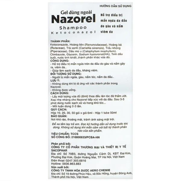 Gel dùng ngoài Nazorel Shampoo Ketoconazol hỗ trợ điều trị mẩn ngứa da đầu do gàu và nấm viêm da (50ml)