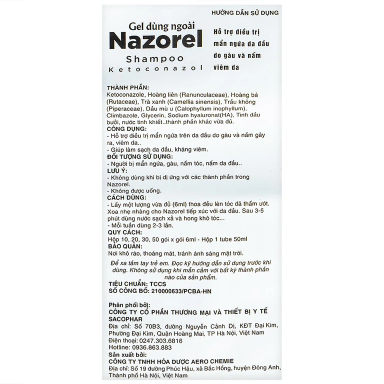 Gel dùng ngoài Nazorel Shampoo Ketoconazol hỗ trợ điều trị mẩn ngứa da đầu do gàu và nấm viêm da (50ml)