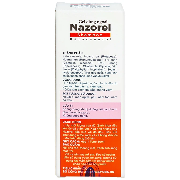 Gel dùng ngoài Nazorel Shampoo Ketoconazol hỗ trợ điều trị mẩn ngứa da đầu do gàu và nấm viêm da (50ml)
