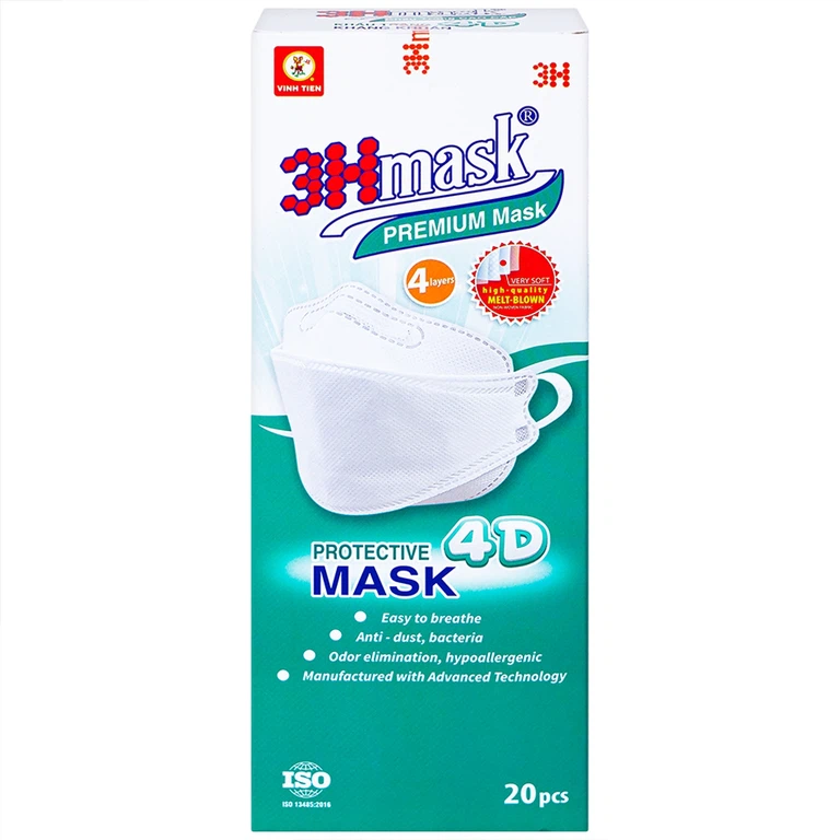 Khẩu trang y tế cao cấp 3Hmask 4D Vĩnh Tiến màu trắng hỗ trợ ngăn khói, bụi, kháng khuẩn (20 cái)