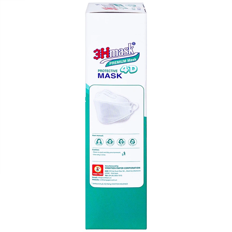 Khẩu trang y tế cao cấp 3Hmask 4D Vĩnh Tiến màu trắng hỗ trợ ngăn khói, bụi, kháng khuẩn (20 cái)