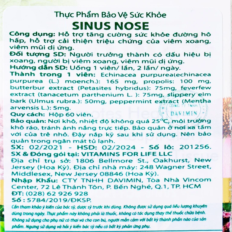 Viên uống Sinus Nose Vitamins For Life hỗ trợ tăng cường sức khỏe đường hô hấp (60 viên)