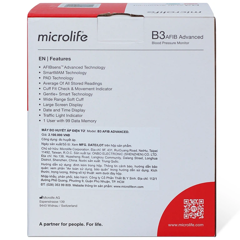 Máy đo huyết áp bắp tay Microlife B3 AFIB Advanced hỗ trợ đo huyết áp, cảnh báo đột quỵ