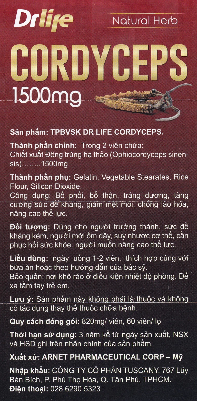 Viên uống Đông Trùng Hạ Thảo Dr Life Natural Herb Cordyceps 1500mg tăng cường sức đề kháng (60 viên)