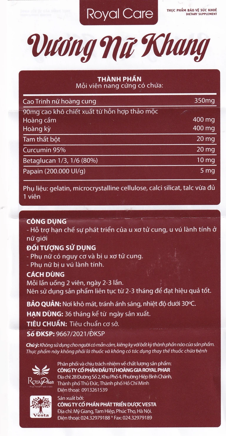 Viên nang cứng Vương Nữ Khang Royal Care hỗ trợ hạn chế sự phát triển u xơ tử cung, u vú lành tính (60 viên)