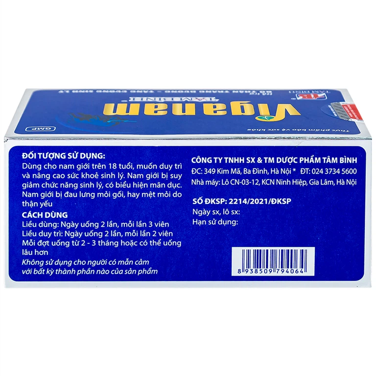 Viên uống Viganam Tâm Bình hỗ trợ bổ thận tráng dương (5 vỉ x 12 viên)