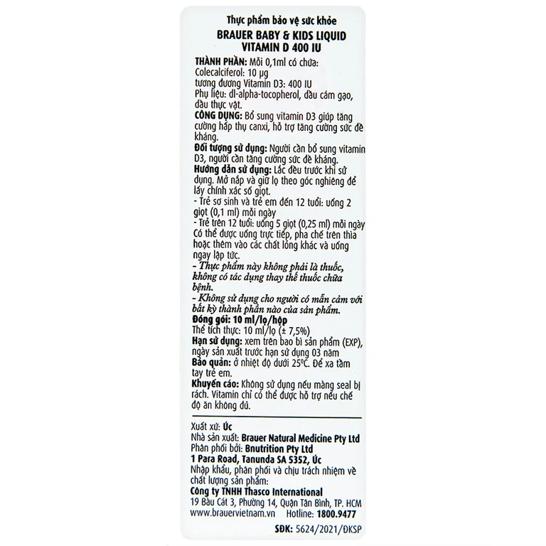 Siro Brauer Baby Kids Liquid Vitamin D 400IU bổ sung vitamin D3, tăng cường hấp thụ canxi (10ml)