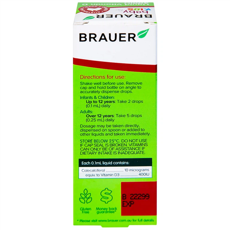 Siro Brauer Baby Kids Liquid Vitamin D 400IU bổ sung vitamin D3, tăng cường hấp thụ canxi (10ml)