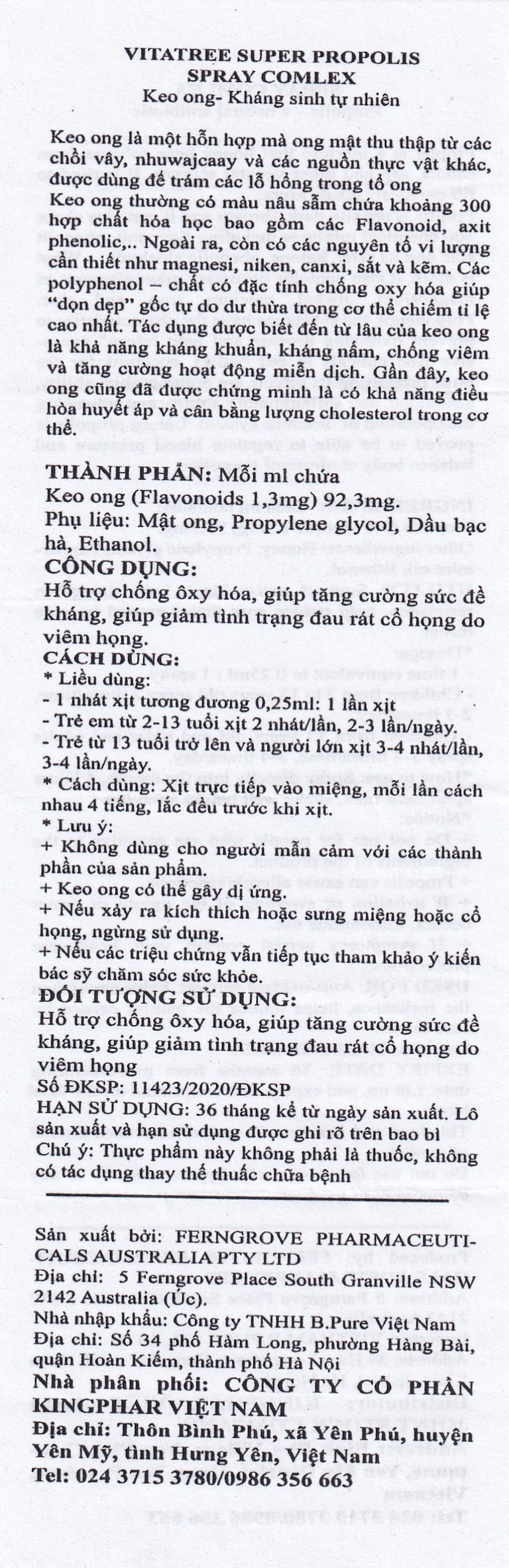 Xịt keo ong Vitatree Super Propolis Spray Complex With Honey hỗ trợ chống oxy hóa, giảm đau rát họng (30ml)