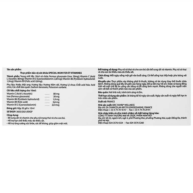 Dung dịch uống Special Mum Iron & Vitamins Eric Favre bổ sung sắt và vitamin (20 gói)