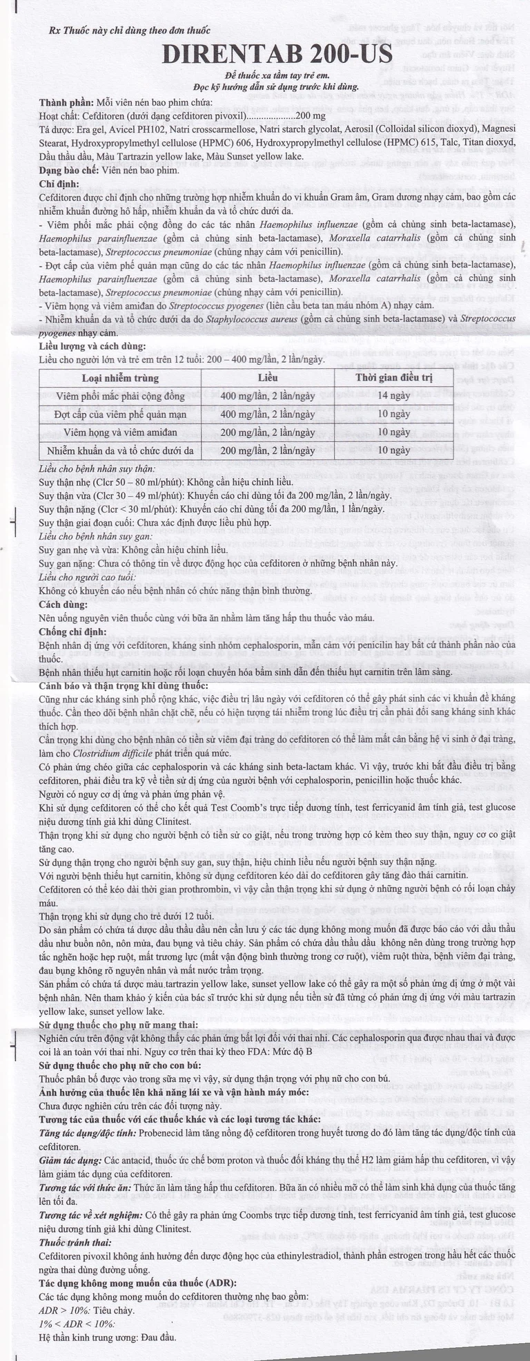 Thuốc Direntab 200-US điều trị nhiễm khuẩn (1 vỉ x 10 viên)