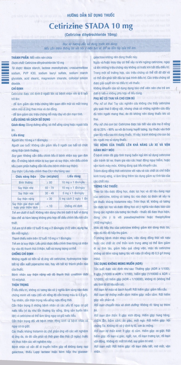 Thuốc Cetirizine Stada 10mg điều trị viêm mũi dị ứng, mày đay (10 vỉ x 10 viên)