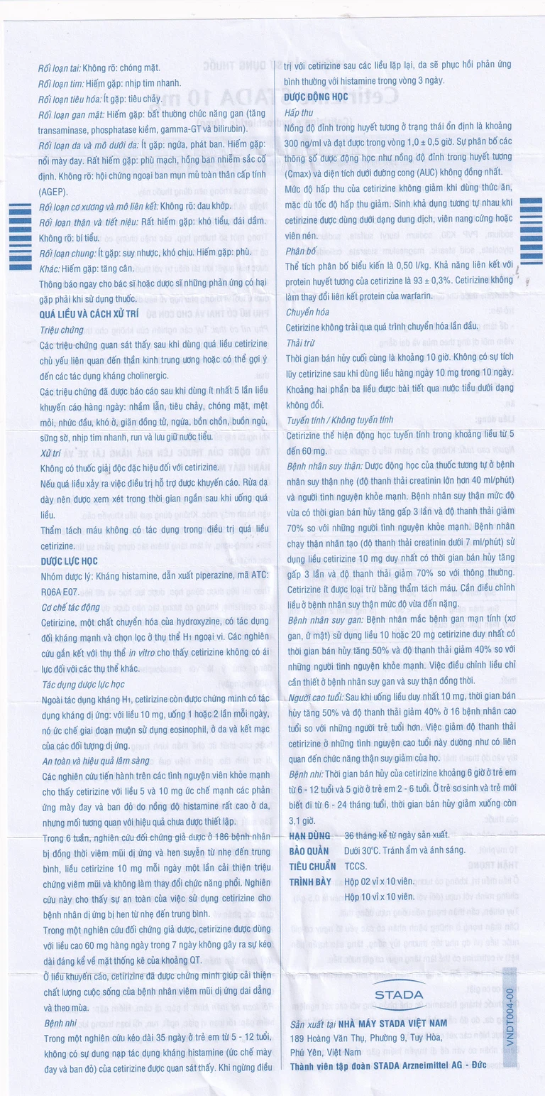 Thuốc Cetirizine Stada 10mg điều trị viêm mũi dị ứng, mày đay (10 vỉ x 10 viên)