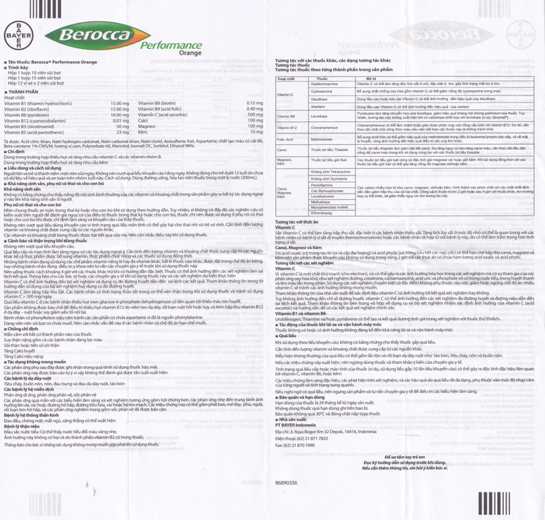 Viên sủi Berocca Performance Orange Bayer bổ sung vitamin và khoáng chất (12 vỉ x 2 viên)