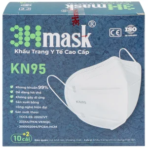 Khẩu trang y tế cao cấp KN95 3Hmask Vĩnh Tiến màu trắng hỗ trợ ngăn khói, bụi, kháng khuẩn (12 cái)