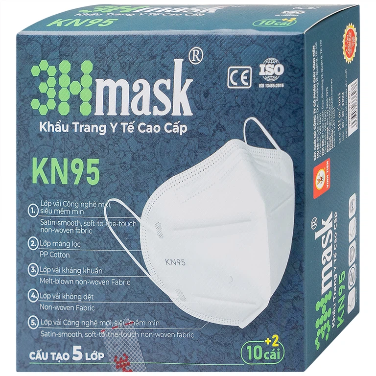 Khẩu trang y tế cao cấp KN95 3Hmask Vĩnh Tiến màu trắng hỗ trợ ngăn khói, bụi, kháng khuẩn (12 cái)