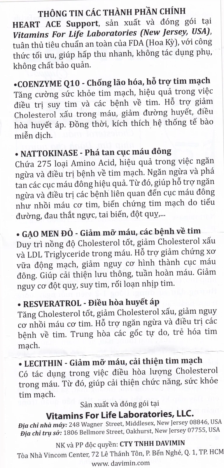 Viên uống Heart Ace Support Vitamins For Life hỗ trợ sức khỏe tim mạch, điều hòa nhịp tim (Hộp 30 viên)